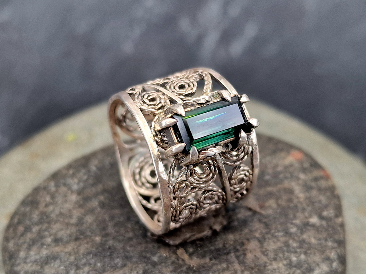 LeoLars-PABE Indigolith Design Filigree Ring, Gr. 57-58, aus 925er Silber, verspielt, leicht, dunkelblau, Unikat, Handarbeit