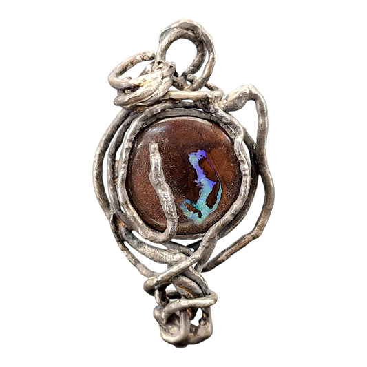 LeoLars-PABE Boulder Opal Anhänger aus 925 Silber in Wurzeldesign, organisch, natürlich, teilgeschwärzt, Opal grünblaue Opalader, 20x18,8mm, Unikat, Handarbeit