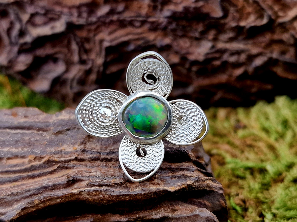 LeoLars-PABE Lightning Ridge Opal Filigree Ring aus 925er Silber, Gr.56, Blüte Filigran, Unikat, Handarbeit