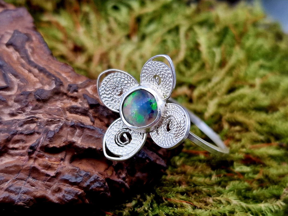 LeoLars-PABE Lightning Ridge Opal Filigree Ring aus 925er Silber, Gr.56, Blüte Filigran, Unikat, Handarbeit