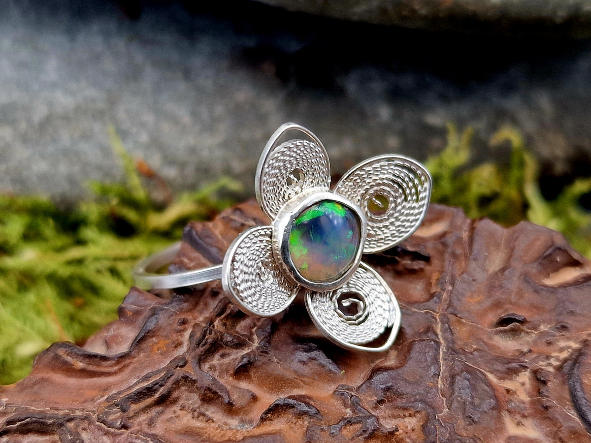 LeoLars-PABE Lightning Ridge Opal Filigree Ring aus 925er Silber, Gr.56, Blüte Filigran, Unikat, Handarbeit