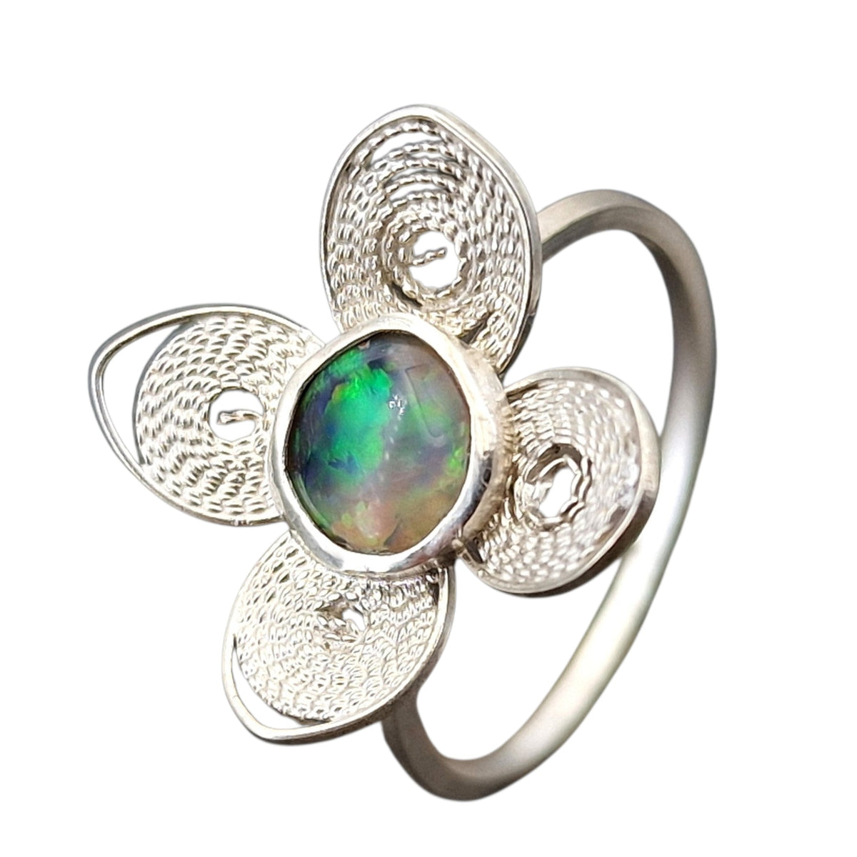LeoLars-PABE Lightning Ridge Opal Filigree Ring aus 925er Silber, Gr.56, Blüte Filigran, Unikat, Handarbeit