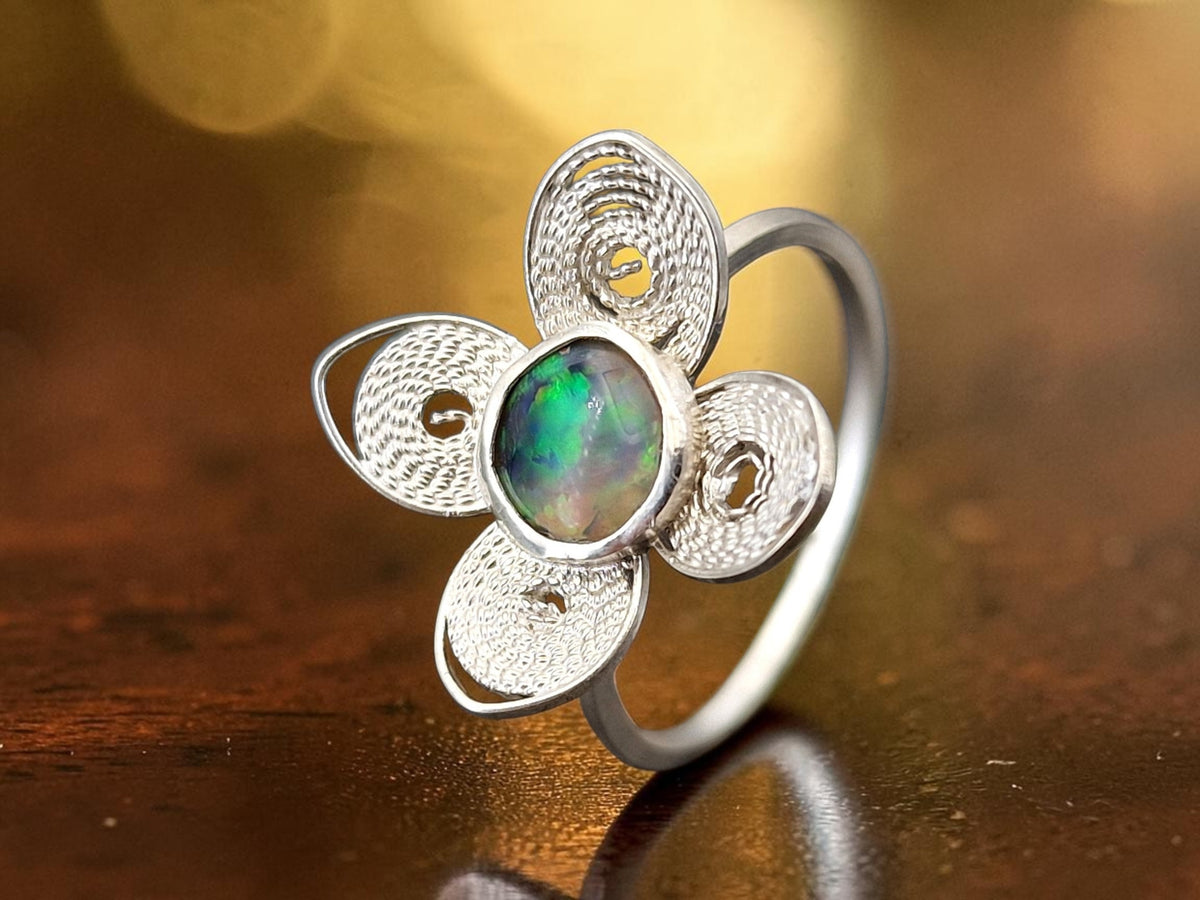 LeoLars-PABE Lightning Ridge Opal Filigree Ring aus 925er Silber, Gr.56, Blüte Filigran, Unikat, Handarbeit