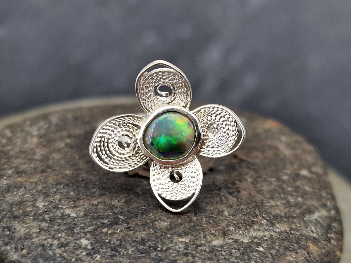 LeoLars-PABE Lightning Ridge Opal Filigree Ring aus 925er Silber, Gr.56, Blüte Filigran, Unikat, Handarbeit