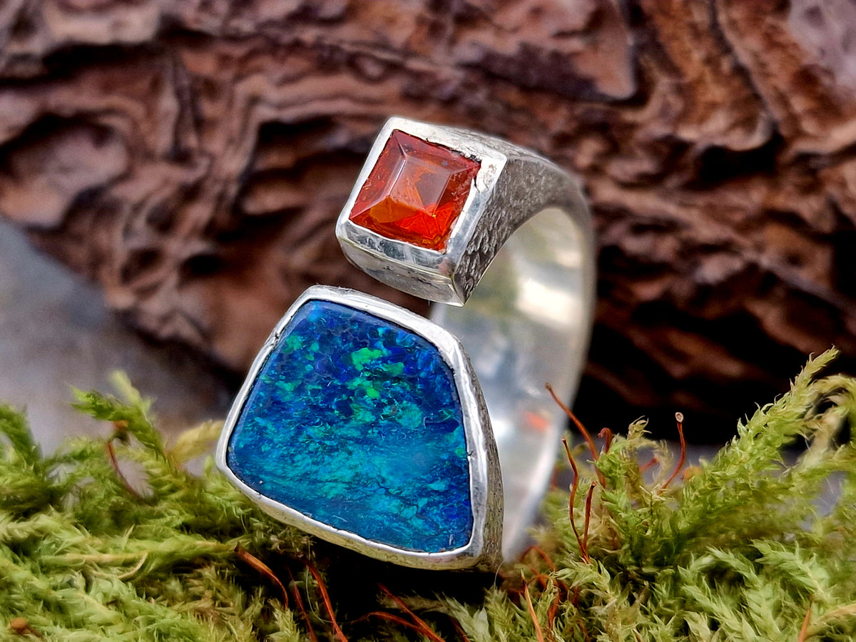LeoLars-PABE Schwarzer Opal und Feueropal Design Ring, Gr.57-58, aus 925er Silber, oben offen, eismattiert, Unikat, Handarbeit