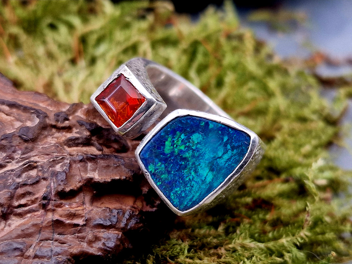 LeoLars-PABE Schwarzer Opal und Feueropal Design Ring, Gr.57-58, aus 925er Silber, oben offen, eismattiert, Unikat, Handarbeit
