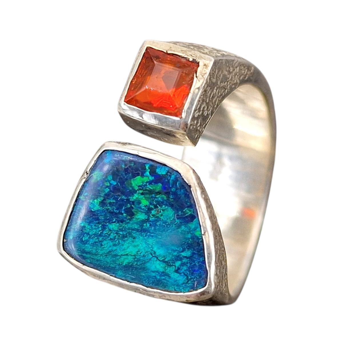 LeoLars-PABE Schwarzer Opal und Feueropal Design Ring, Gr.57-58, aus 925er Silber, oben offen, eismattiert, Unikat, Handarbeit