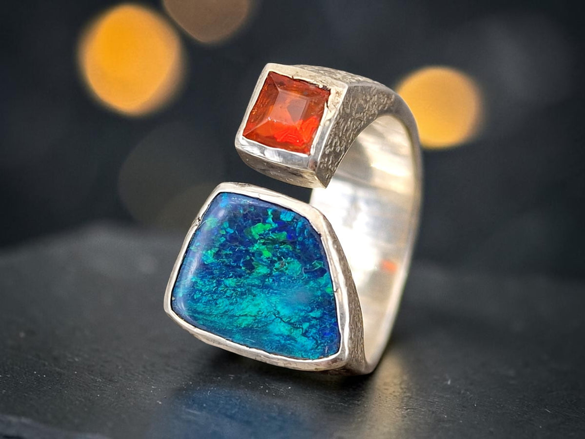 LeoLars-PABE Schwarzer Opal und Feueropal Design Ring, Gr.57-58, aus 925er Silber, oben offen, eismattiert, Unikat, Handarbeit