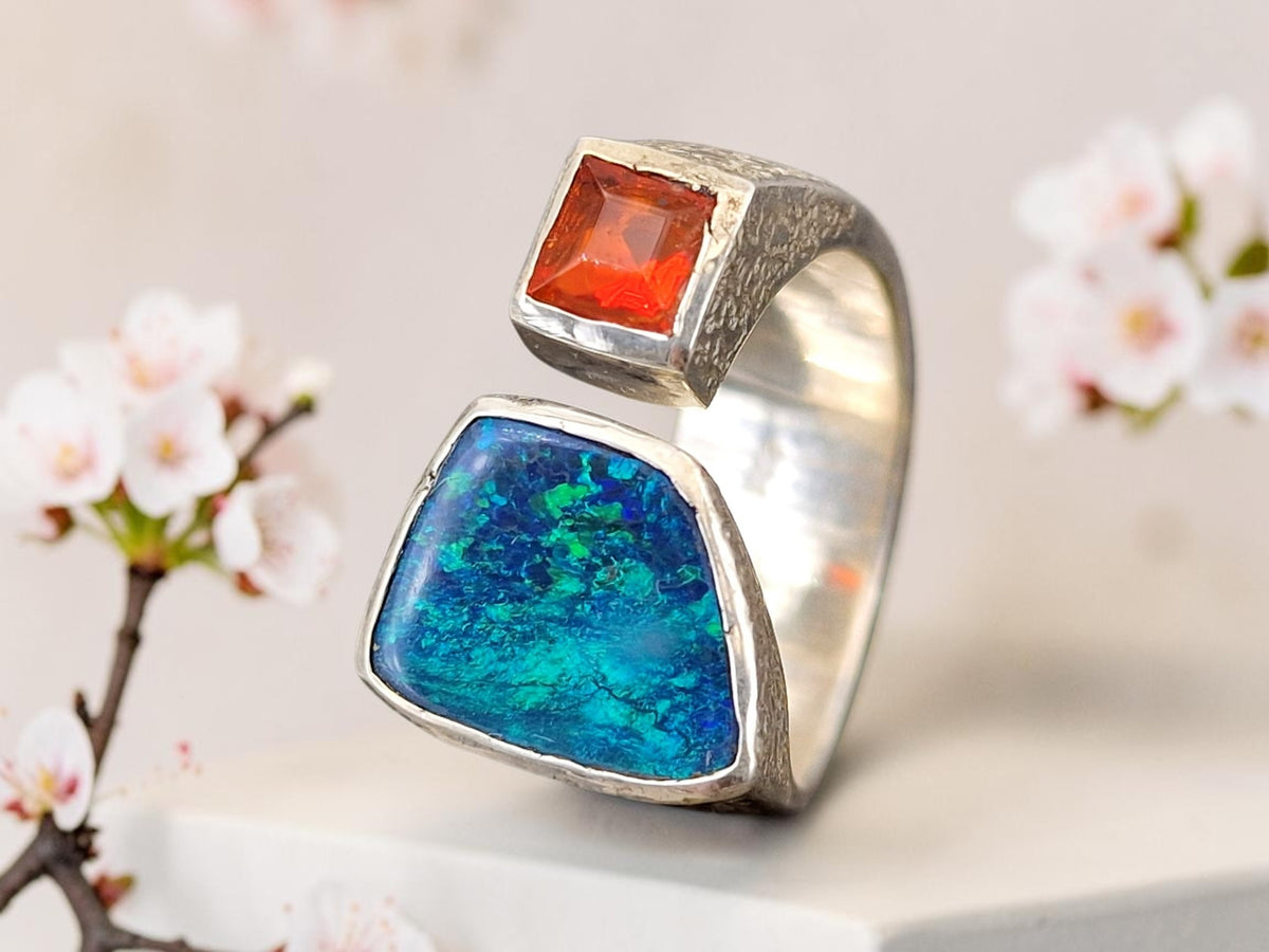 LeoLars-PABE Schwarzer Opal und Feueropal Design Ring, Gr.57-58, aus 925er Silber, oben offen, eismattiert, Unikat, Handarbeit