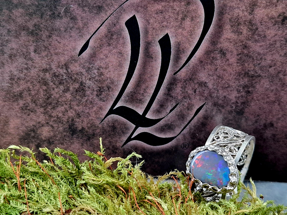 LeoLars-PABE Lightning Ridge Opal Filigree Ring aus 925er Silber, Gr.56, Filigran, Verspielt, Unikat, Handarbeit
