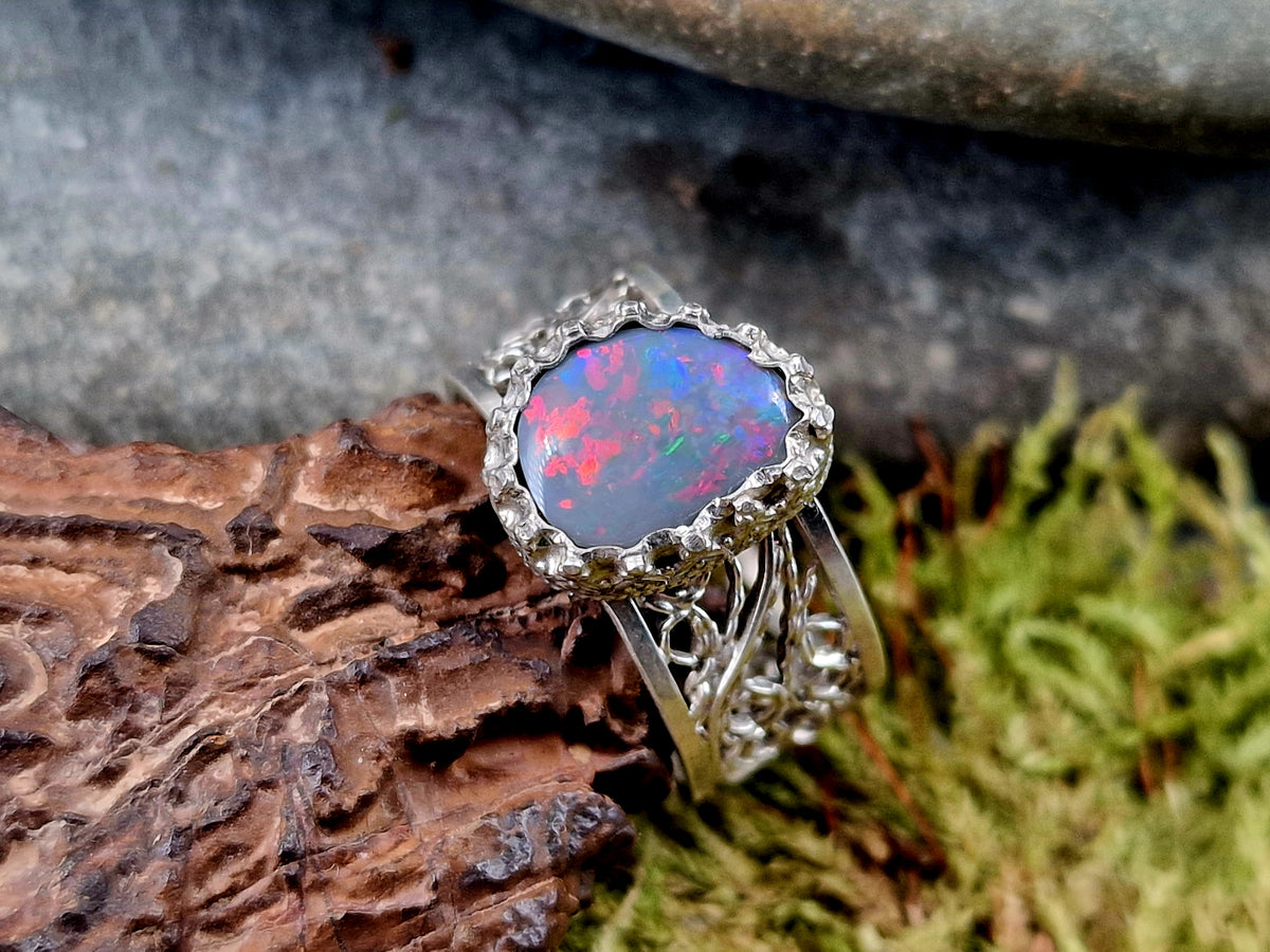 LeoLars-PABE Lightning Ridge Opal Filigree Ring aus 925er Silber, Gr.56, Filigran, Verspielt, Unikat, Handarbeit