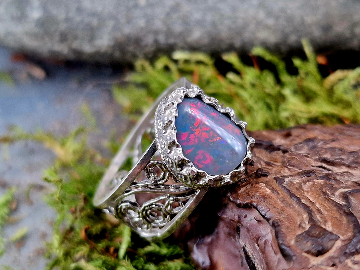 LeoLars-PABE Lightning Ridge Opal Filigree Ring aus 925er Silber, Gr.56, Filigran, Verspielt, Unikat, Handarbeit