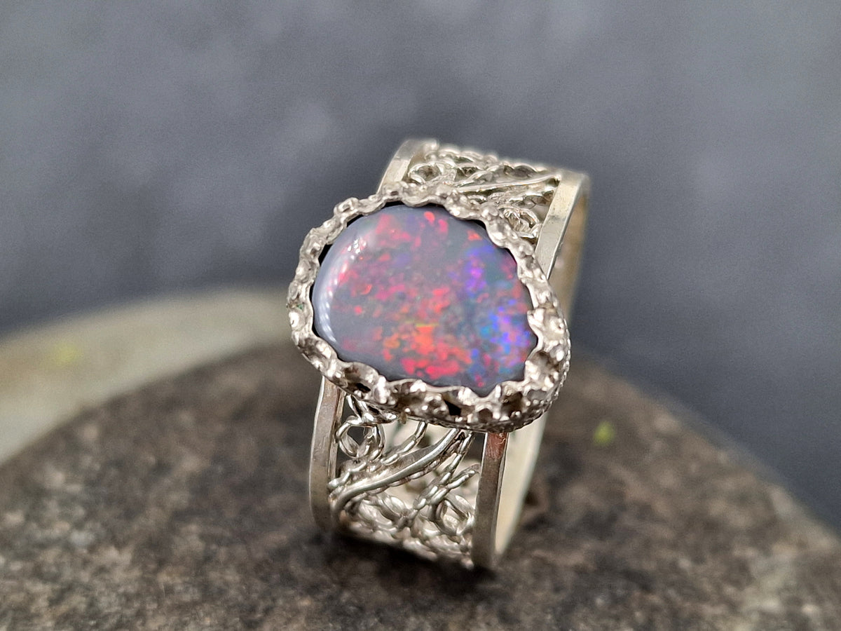 LeoLars-PABE Lightning Ridge Opal Filigree Ring aus 925er Silber, Gr.56, Filigran, Verspielt, Unikat, Handarbeit