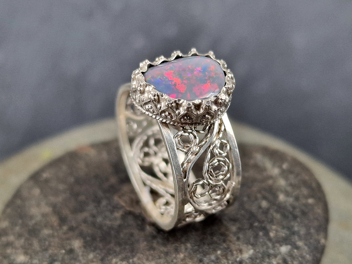 LeoLars-PABE Lightning Ridge Opal Filigree Ring aus 925er Silber, Gr.56, Filigran, Verspielt, Unikat, Handarbeit