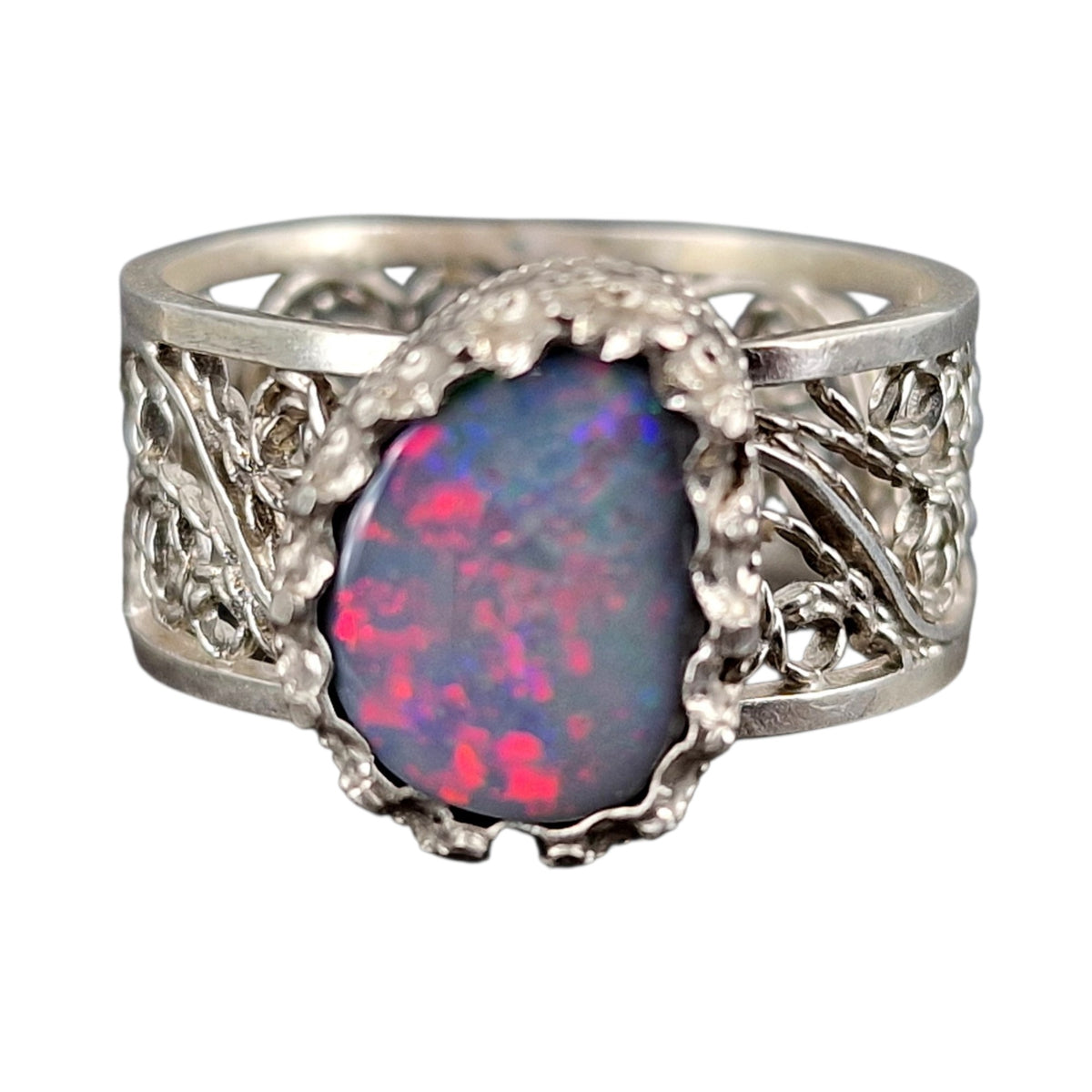 LeoLars-PABE Lightning Ridge Opal Filigree Ring aus 925er Silber, Gr.56, Filigran, Verspielt, Unikat, Handarbeit