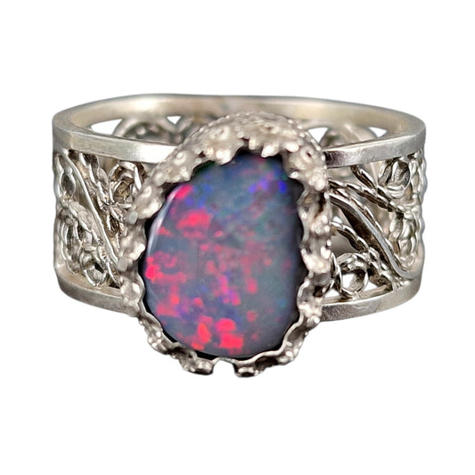 LeoLars-PABE Lightning Ridge Opal Filigree Ring aus 925er Silber, Gr.56, Filigran, Verspielt, Unikat, Handarbeit
