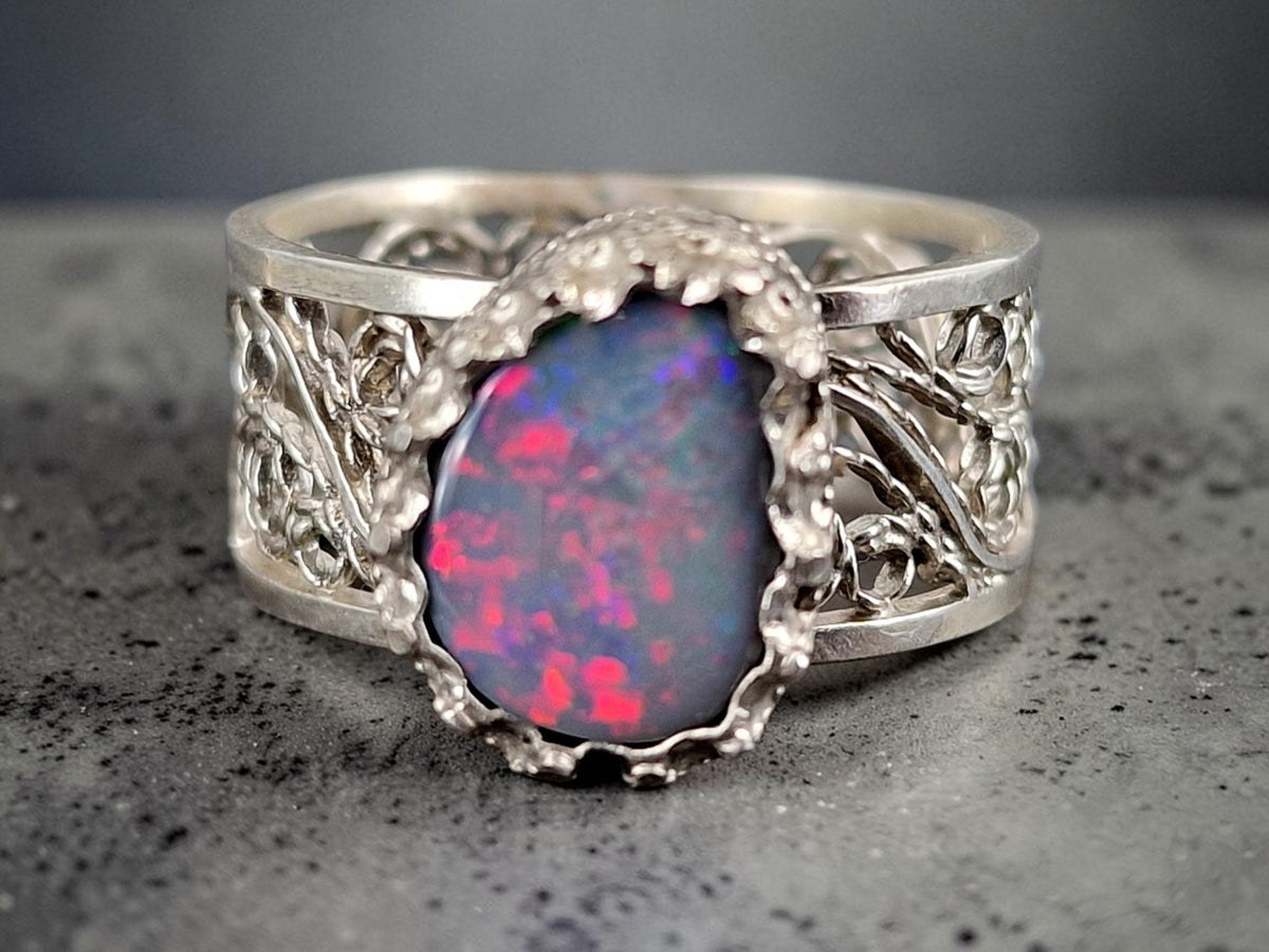 LeoLars-PABE Lightning Ridge Opal Filigree Ring aus 925er Silber, Gr.56, Filigran, Verspielt, Unikat, Handarbeit