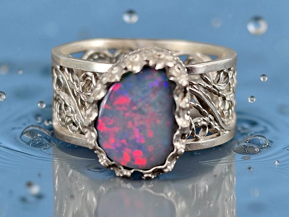 LeoLars-PABE Lightning Ridge Opal Filigree Ring aus 925er Silber, Gr.56, Filigran, Verspielt, Unikat, Handarbeit