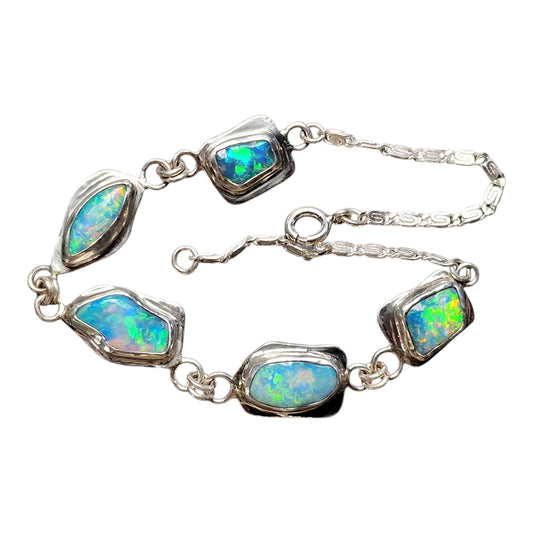 Wundervolles Coober Pedy Opal Design Armband aus 925er Silber, opalisierte Muscheln mit briliantem Multicolor Opalfeuer, 21 cm lang, Unikat, Handarbeit