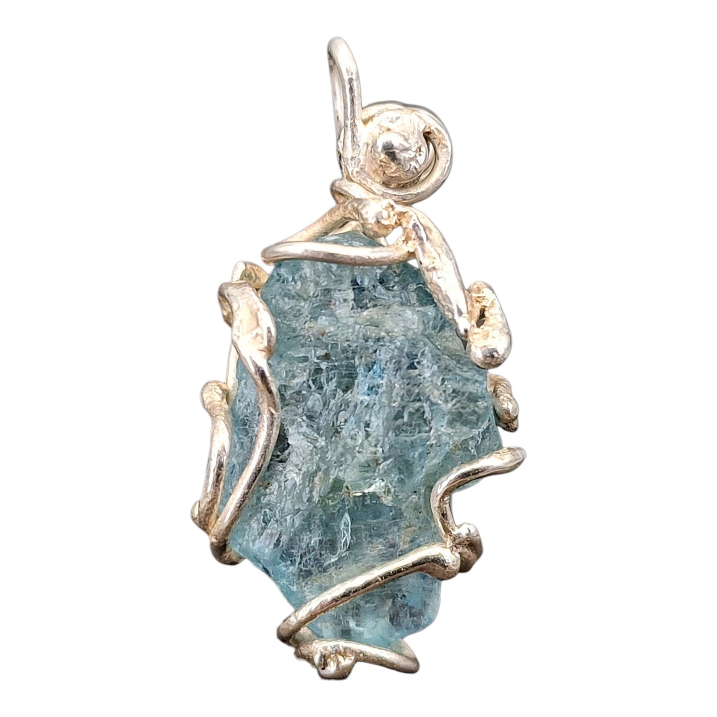 Aquamarin Rohstein Design Anhänger aus 925er Silber, kräftiges blau, wie in das Silber eingewachsen, orgainisch, teileloxiert, Unikat, Handarbeit