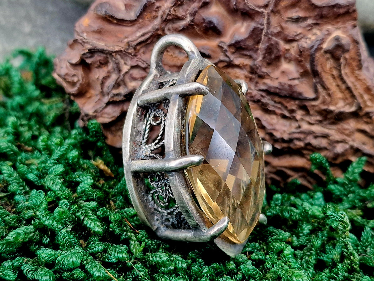 LeoLars-PABE Magischer großer Citrin Anhänger aus 925er Silber, Mystisch, Filigree, teilgeschwärzt, Unikat, Handarbeit