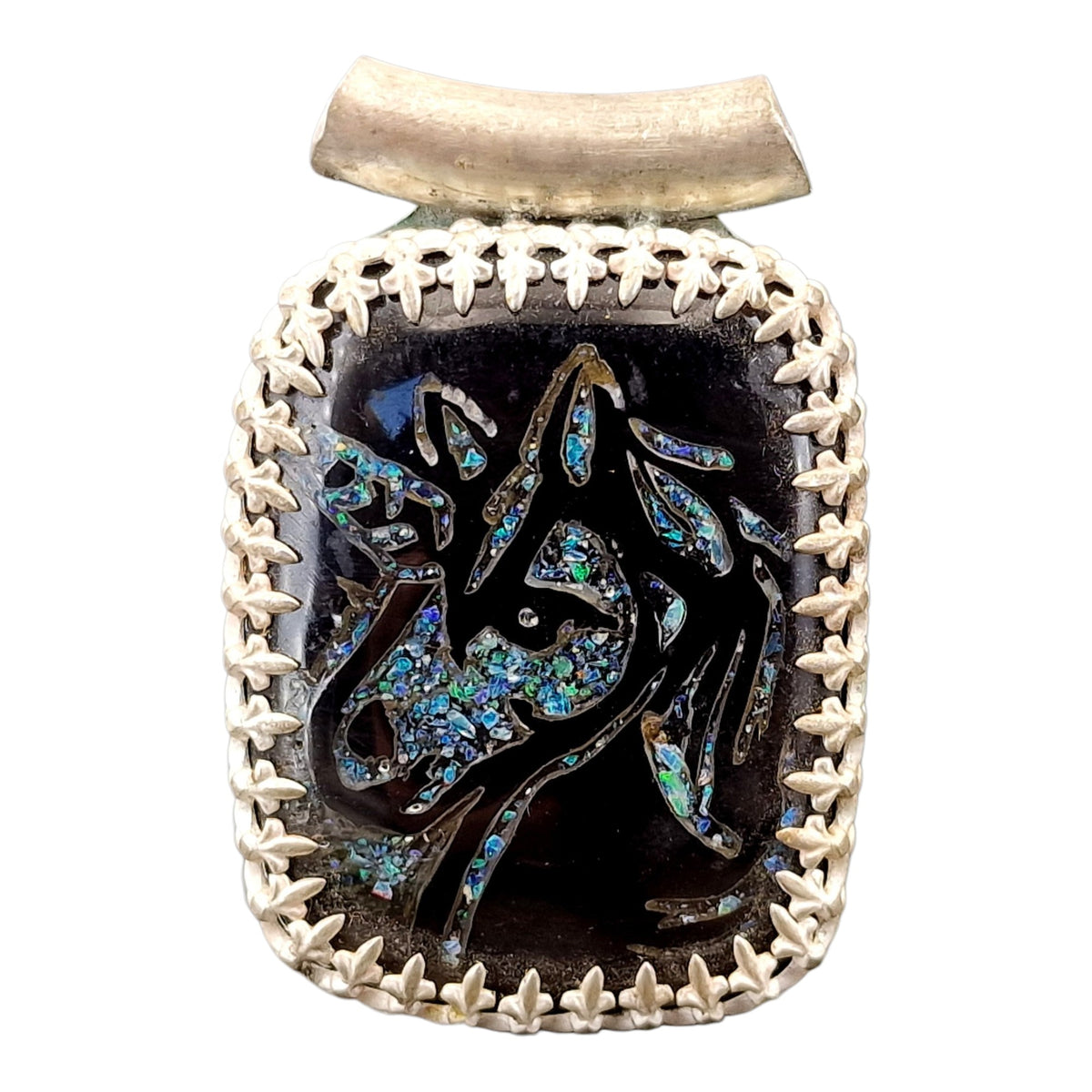 LeoLars-PABE Einhorn Anhänger aus 925er Silber, Obsidian mit Opalsplittern, Carving, Galerie Fassung, Filigree, Unikat, Handarbeit