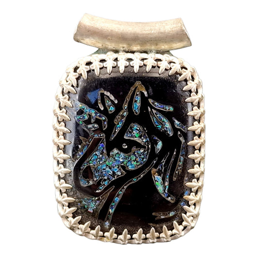 LeoLars-PABE Einhorn Anhänger aus 925er Silber, Obsidian mit Opalsplittern, Carving, Galerie Fassung, Filigree, Unikat, Handarbeit