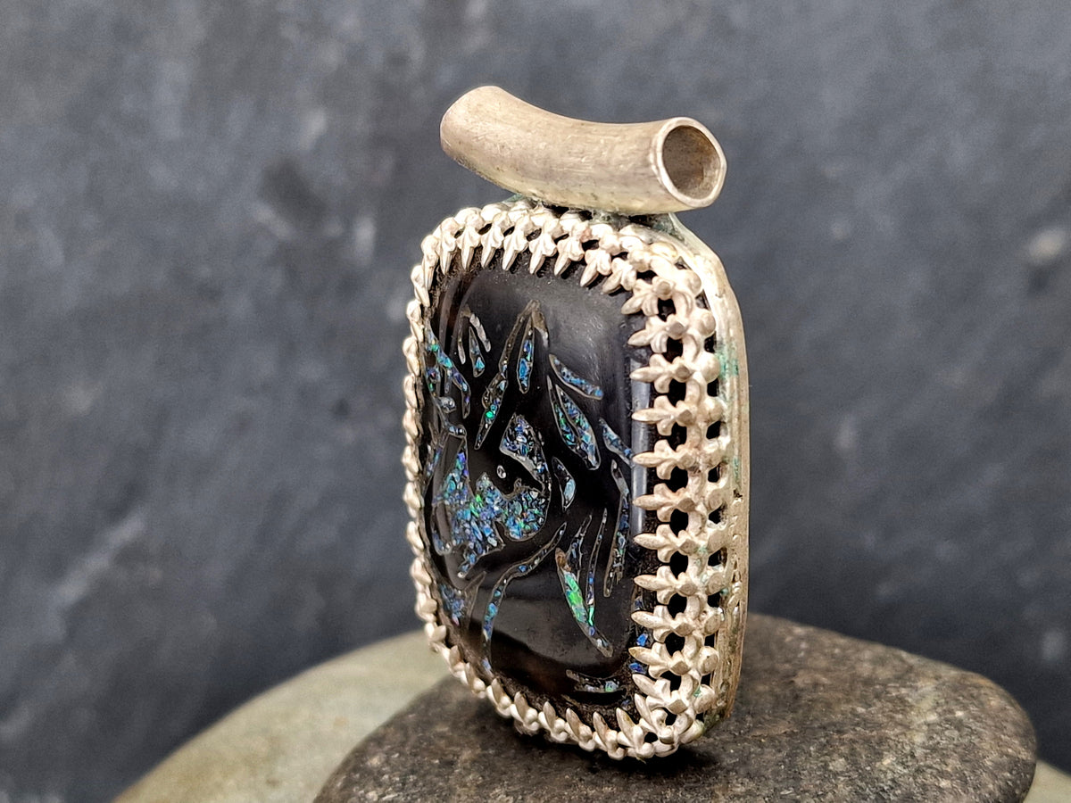 LeoLars-PABE Einhorn Anhänger aus 925er Silber, Obsidian mit Opalsplittern, Carving, Galerie Fassung, Filigree, Unikat, Handarbeit