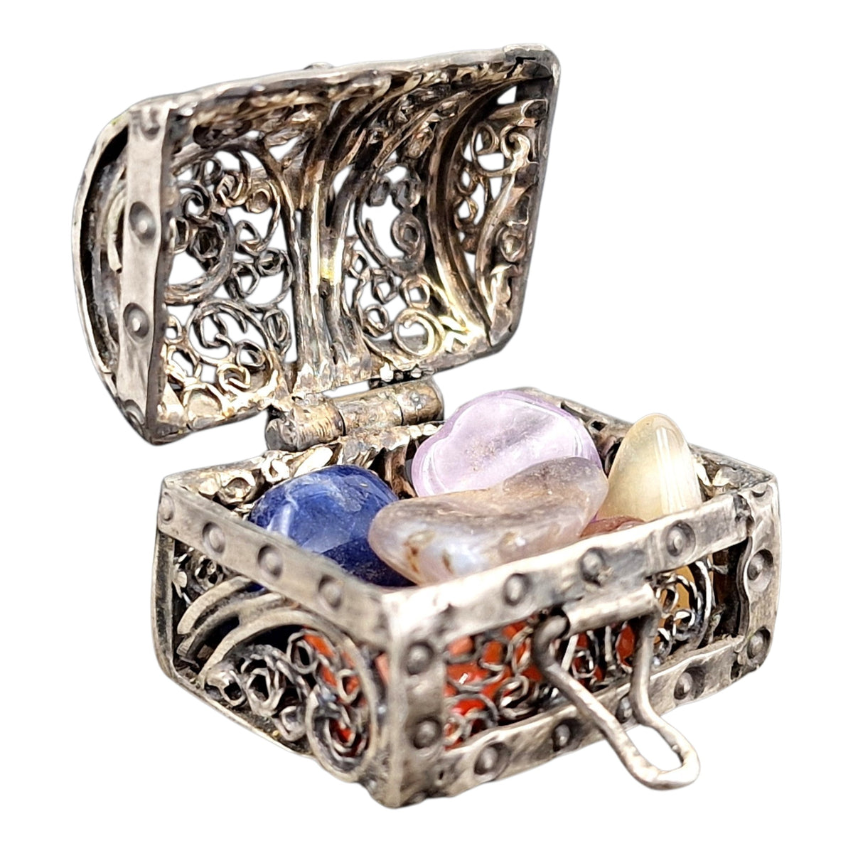 LeoLars-PABE Schatztruhe Filigree Anhänger aus 925er Silber, viele Details, zum öffnen und schließen, Schatz-verschiedene Edelsteine, Unikat, Handarbeit