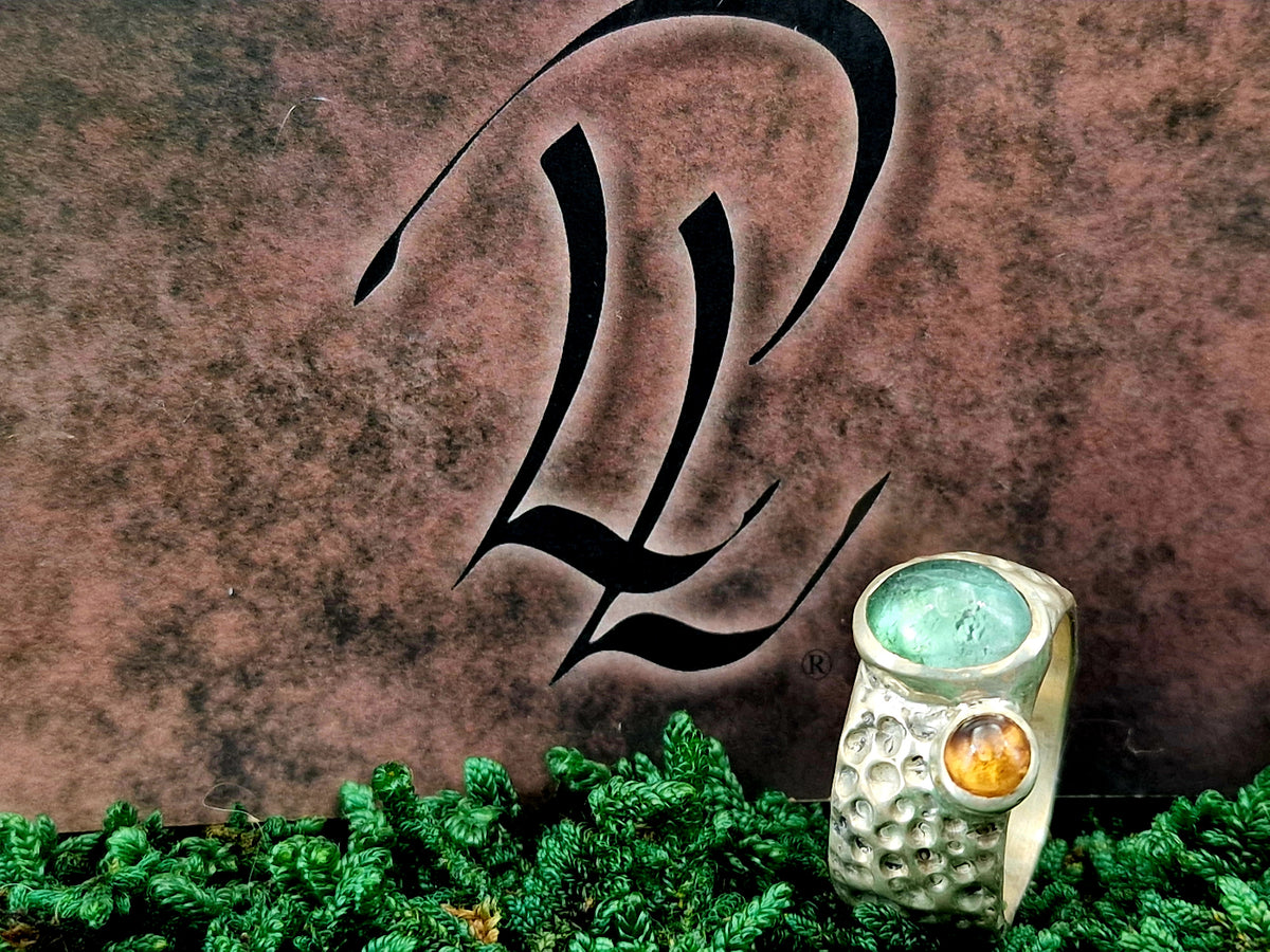 LeoLars-PABE Design Ring, Gr. 57, aus 925er Silber im Bubble Design mit Turmalin und Mandarin Granat, massiv, Unikat, Handarbeit