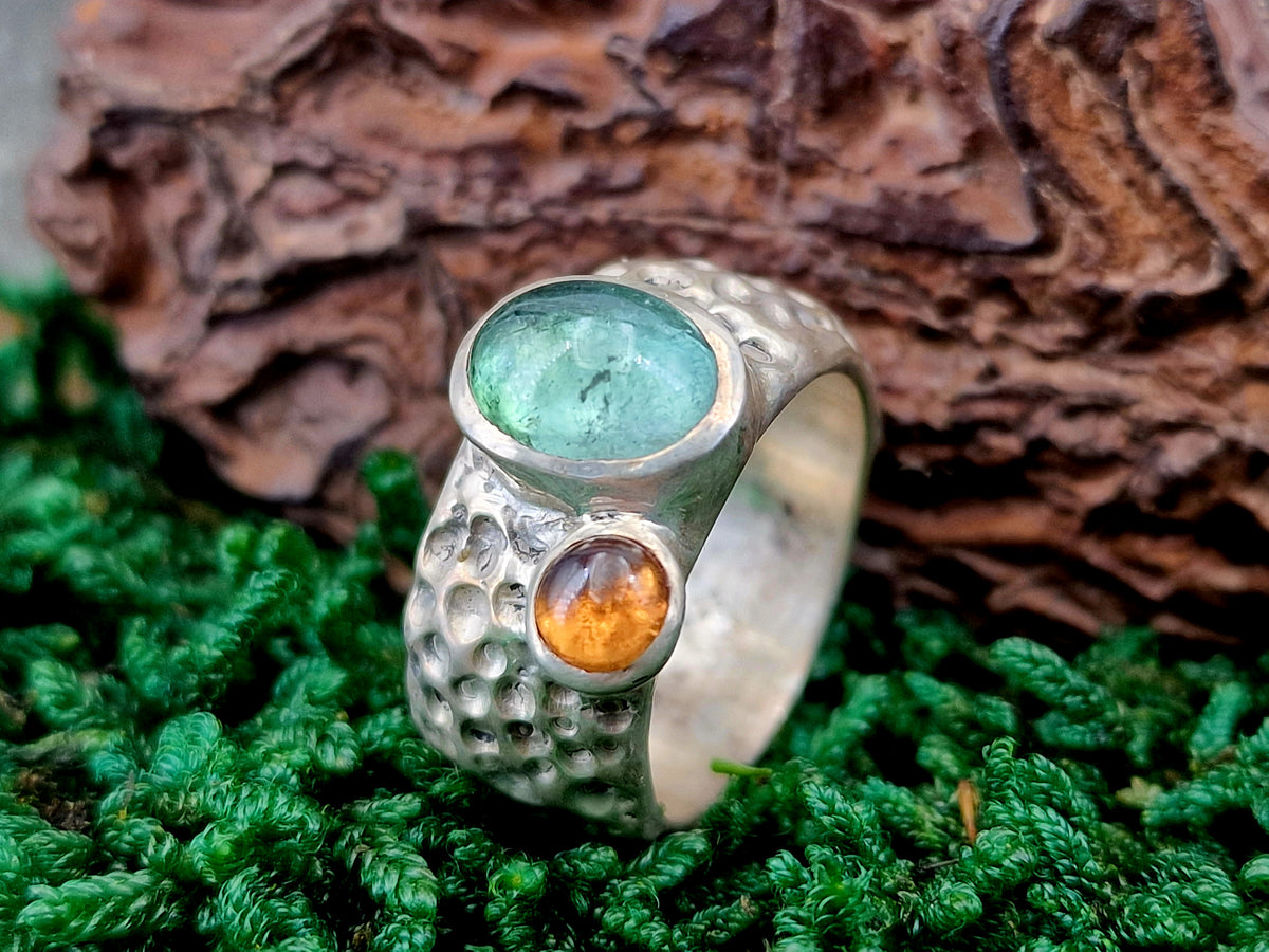 LeoLars-PABE Design Ring, Gr. 57, aus 925er Silber im Bubble Design mit Turmalin und Mandarin Granat, massiv, Unikat, Handarbeit