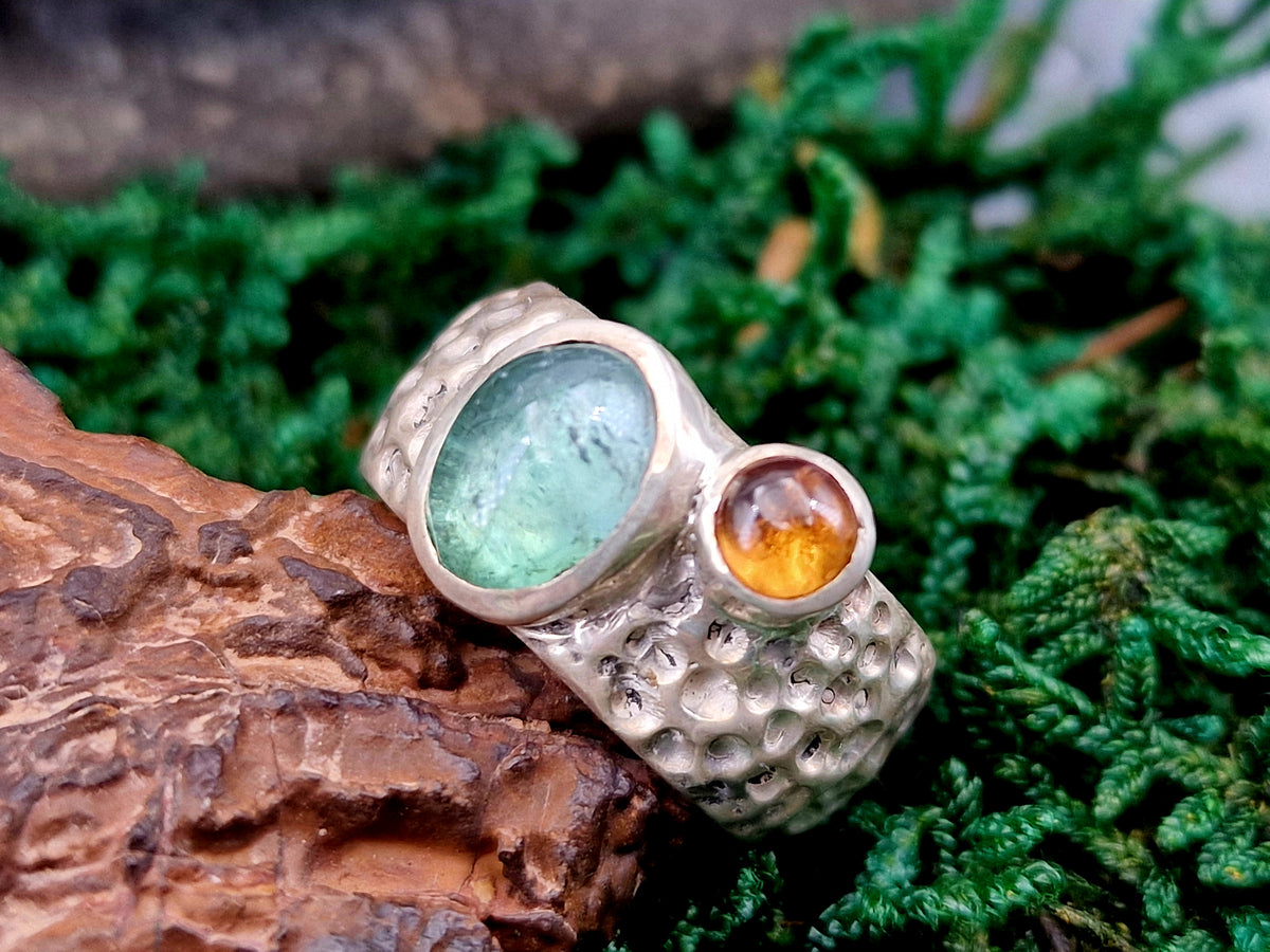 LeoLars-PABE Design Ring, Gr. 57, aus 925er Silber im Bubble Design mit Turmalin und Mandarin Granat, massiv, Unikat, Handarbeit