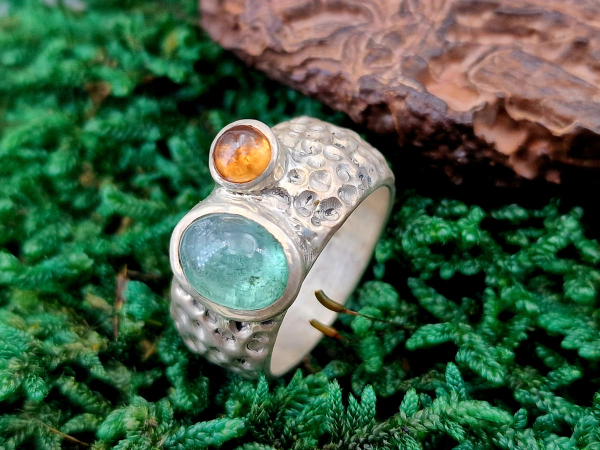 LeoLars-PABE Design Ring, Gr. 57, aus 925er Silber im Bubble Design mit Turmalin und Mandarin Granat, massiv, Unikat, Handarbeit
