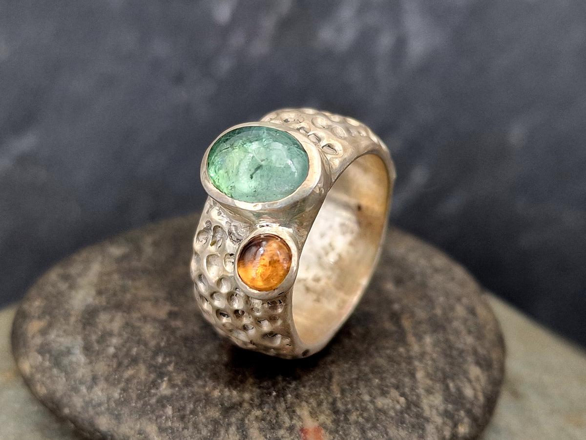 LeoLars-PABE Design Ring, Gr. 57, aus 925er Silber im Bubble Design mit Turmalin und Mandarin Granat, massiv, Unikat, Handarbeit