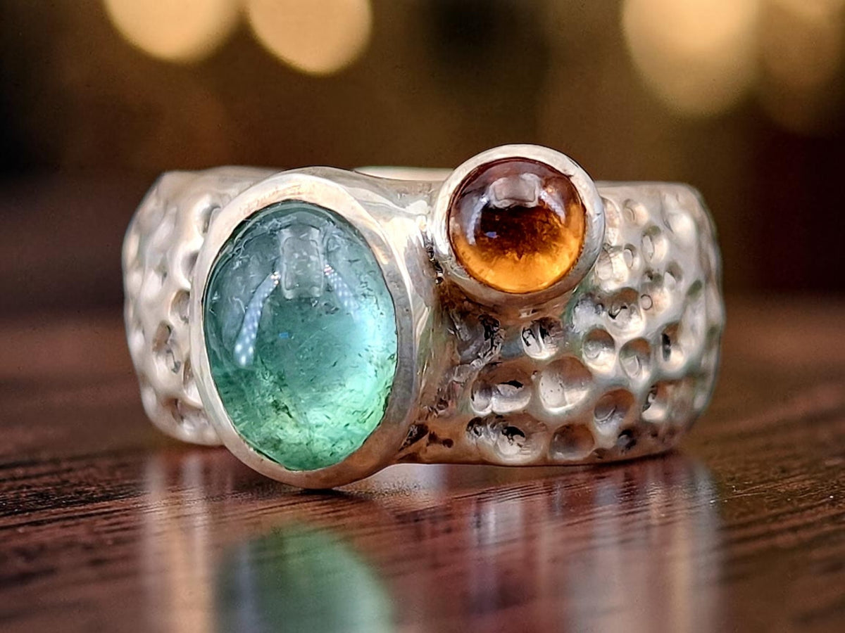 LeoLars-PABE Design Ring, Gr. 57, aus 925er Silber im Bubble Design mit Turmalin und Mandarin Granat, massiv, Unikat, Handarbeit