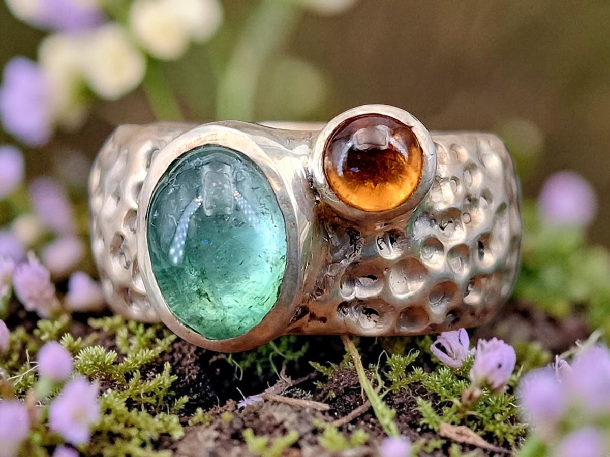 LeoLars-PABE Design Ring, Gr. 57, aus 925er Silber im Bubble Design mit Turmalin und Mandarin Granat, massiv, Unikat, Handarbeit