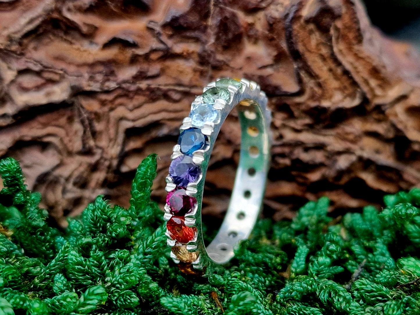 Memory Ring aus 925er Silber, Gr.56(18), verschiedene bunte echte facettierte Edelsteine, Unikat, Handarbeit