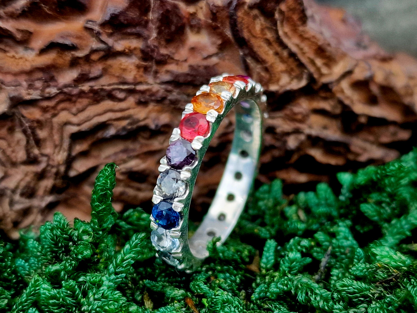 Memory Ring aus 925er Silber, Gr.56(18), verschiedene bunte echte facettierte Edelsteine, Unikat, Handarbeit