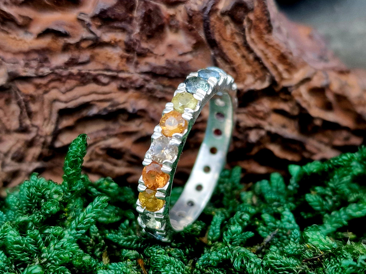 Memory Ring aus 925er Silber, Gr.56(18), verschiedene bunte echte facettierte Edelsteine, Unikat, Handarbeit