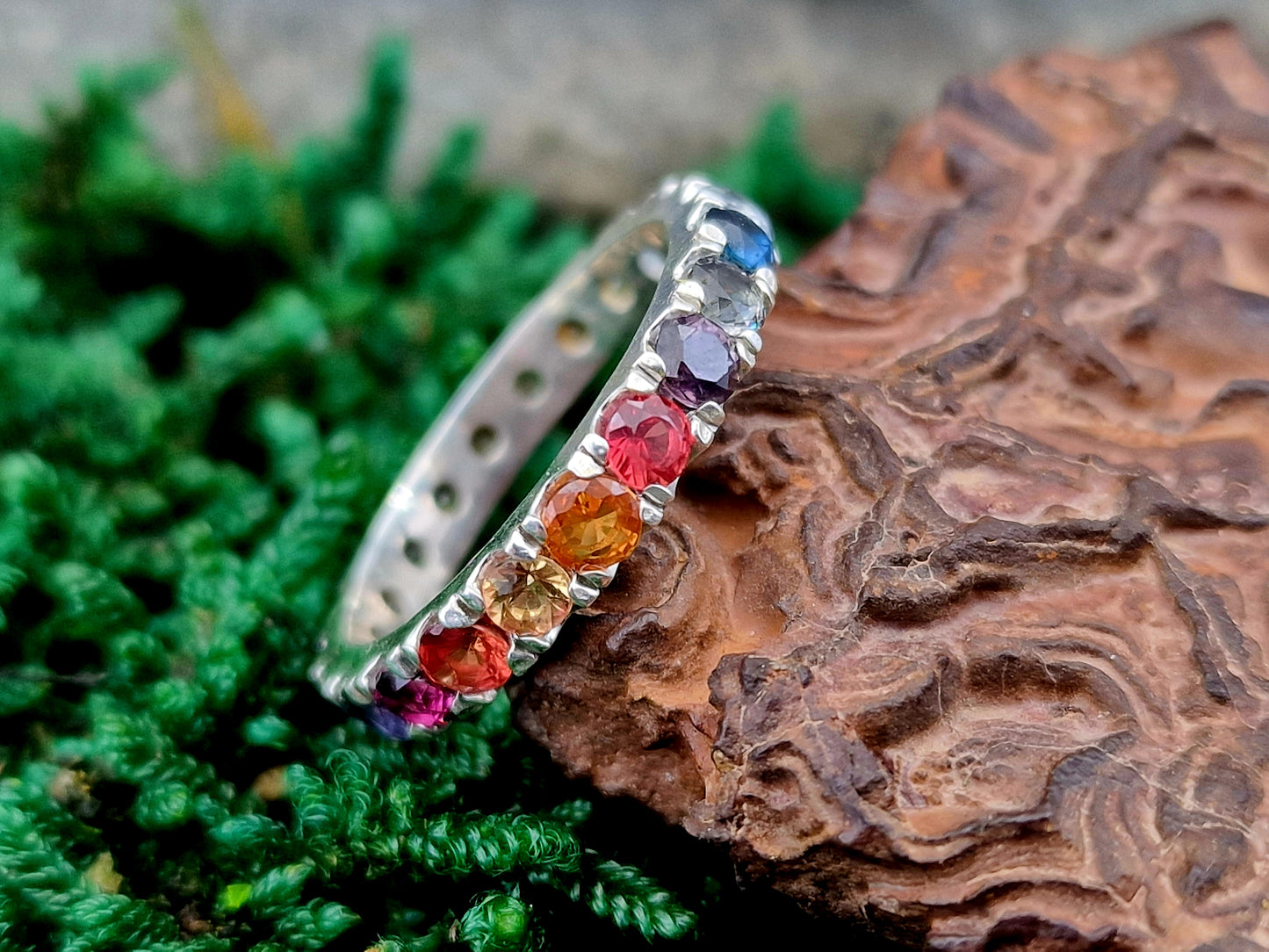 Memory Ring aus 925er Silber, Gr.56(18), verschiedene bunte echte facettierte Edelsteine, Unikat, Handarbeit