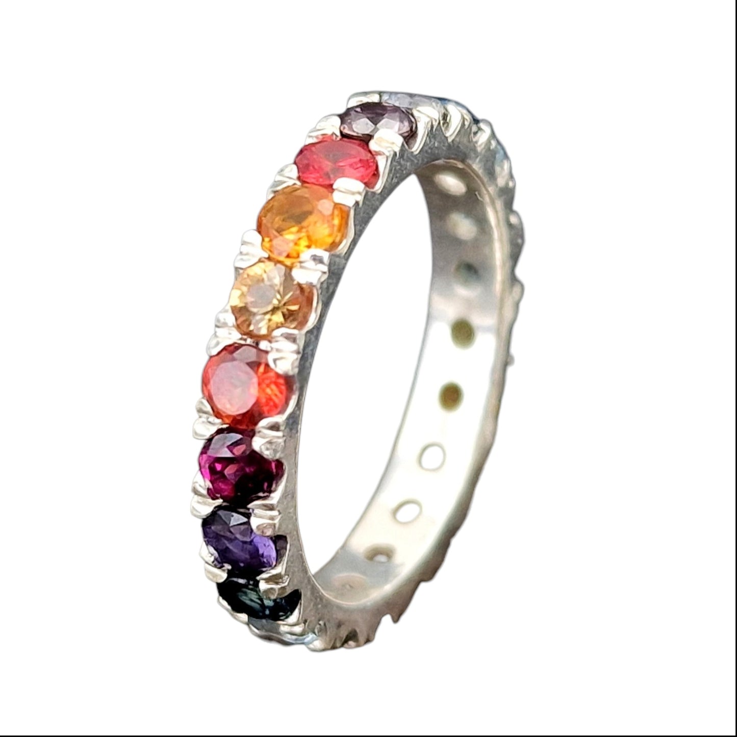 Memory Ring aus 925er Silber, Gr.56(18), verschiedene bunte echte facettierte Edelsteine, Unikat, Handarbeit