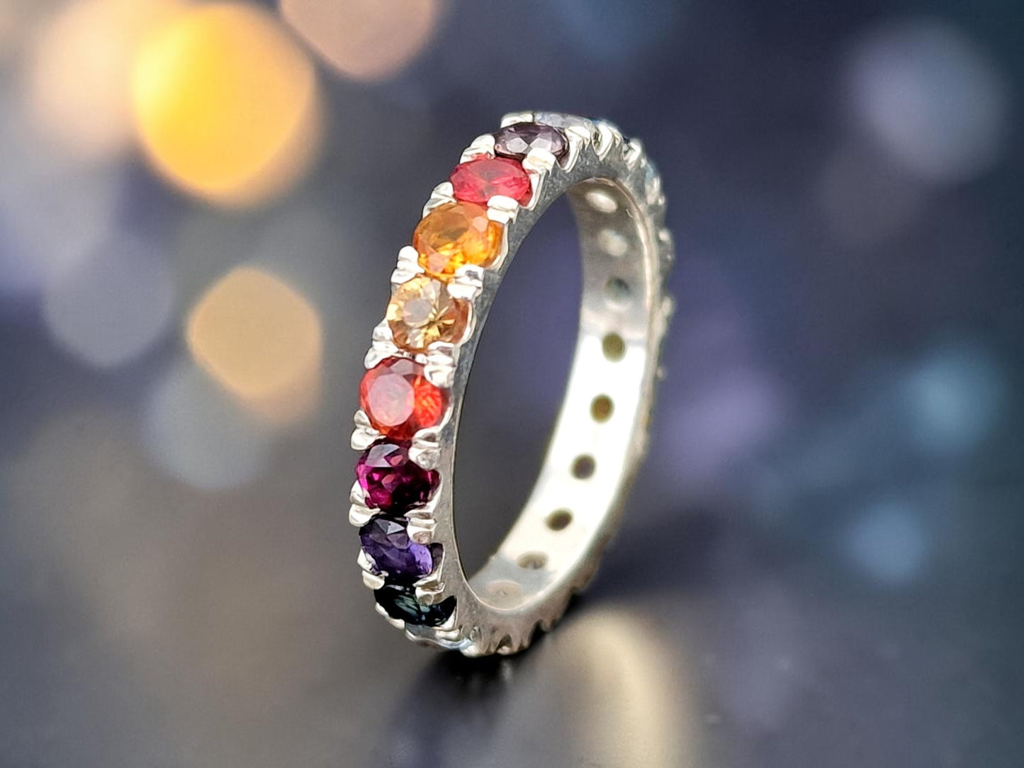 Memory Ring aus 925er Silber, Gr.56(18), verschiedene bunte echte facettierte Edelsteine, Unikat, Handarbeit