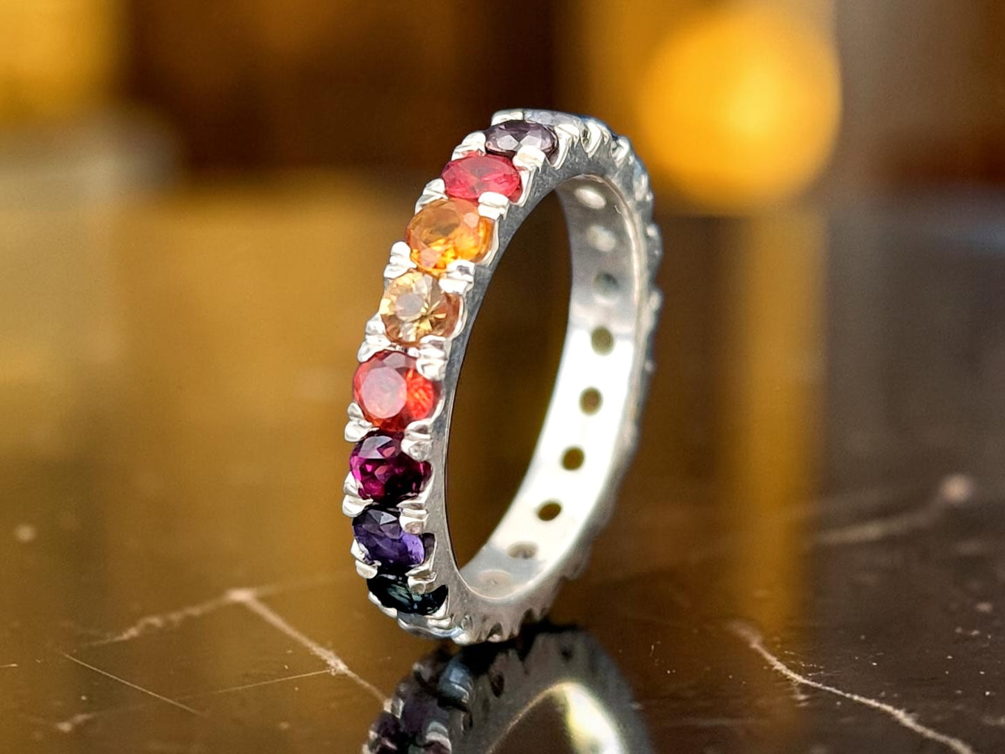 Memory Ring aus 925er Silber, Gr.56(18), verschiedene bunte echte facettierte Edelsteine, Unikat, Handarbeit