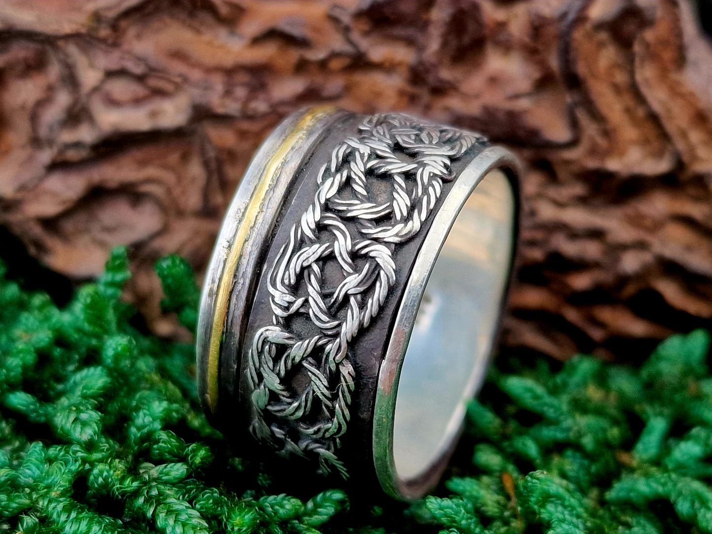 Spinner Design Ring aus 925er Silber und einem 585er Gelbgold Band, mit Filigree Elementen und teilgeschwärzt, Gr. 61 (19,5), Unisex, Unikat, Handarbeit