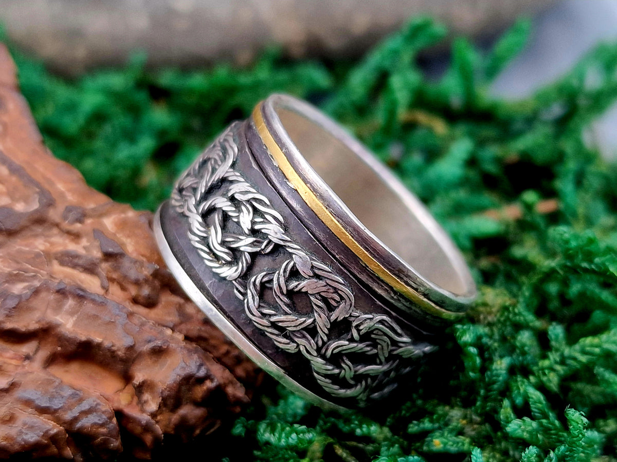 Spinner Design Ring aus 925er Silber und einem 585er Gelbgold Band, mit Filigree Elementen und teilgeschwärzt, Gr. 61 (19,5), Unisex, Unikat, Handarbeit
