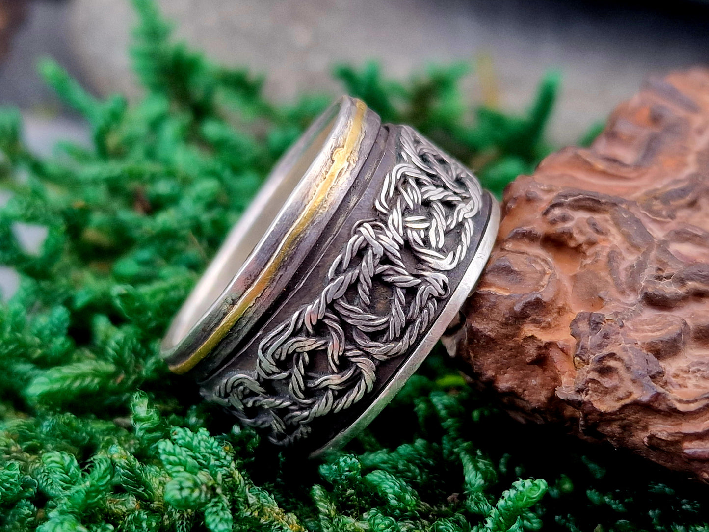 Spinner Design Ring aus 925er Silber und einem 585er Gelbgold Band, mit Filigree Elementen und teilgeschwärzt, Gr. 61 (19,5), Unisex, Unikat, Handarbeit
