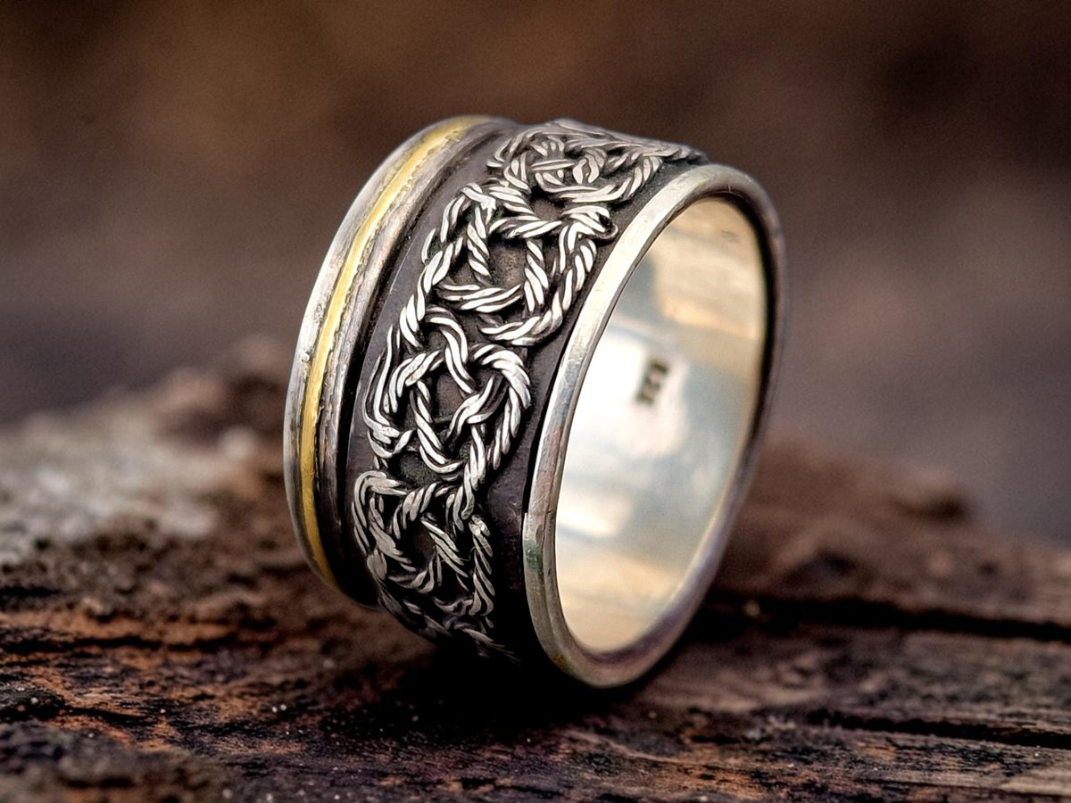 Spinner Design Ring aus 925er Silber und einem 585er Gelbgold Band, mit Filigree Elementen und teilgeschwärzt, Gr. 61 (19,5), Unisex, Unikat, Handarbeit