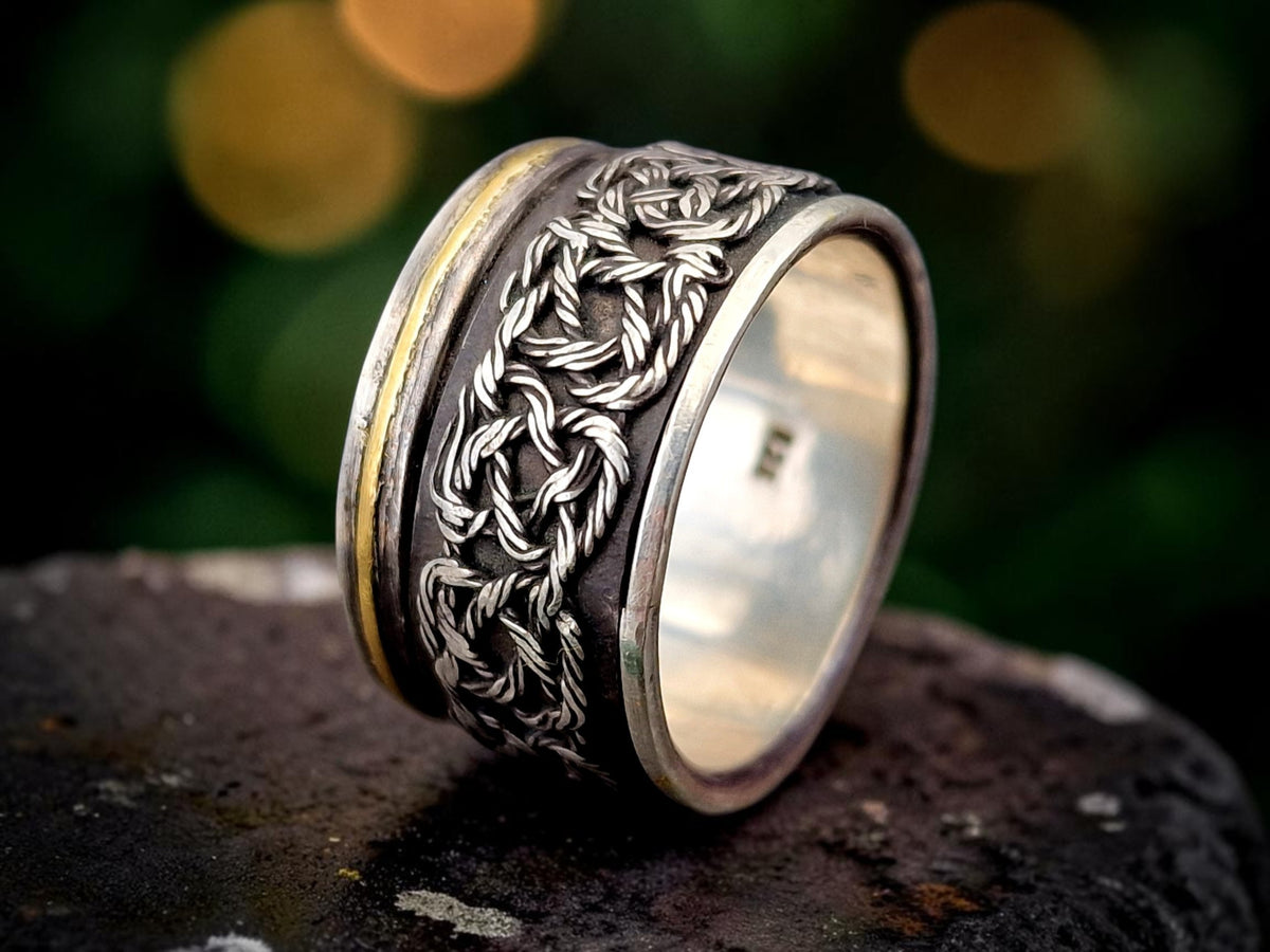 Spinner Design Ring aus 925er Silber und einem 585er Gelbgold Band, mit Filigree Elementen und teilgeschwärzt, Gr. 61 (19,5), Unisex, Unikat, Handarbeit
