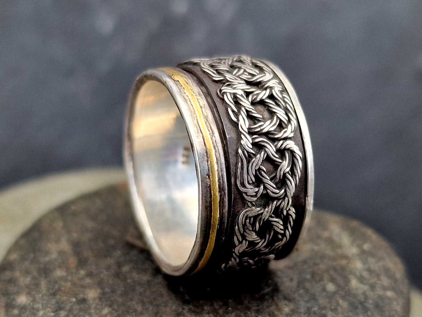 Spinner Design Ring aus 925er Silber und einem 585er Gelbgold Band, mit Filigree Elementen und teilgeschwärzt, Gr. 61 (19,5), Unisex, Unikat, Handarbeit