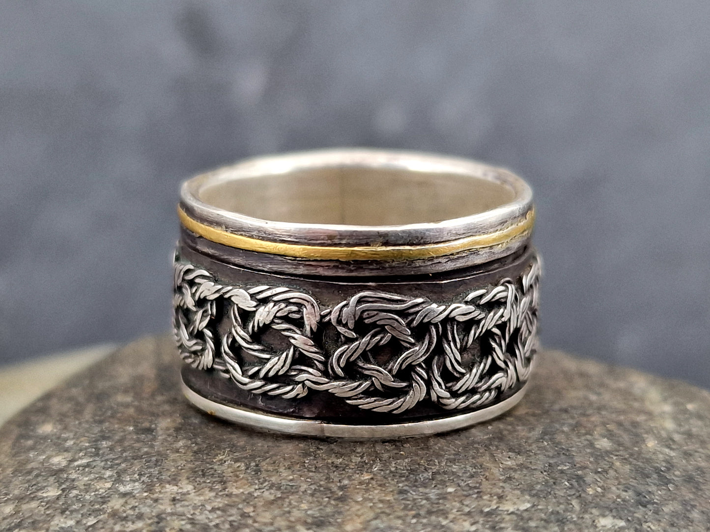 Spinner Design Ring aus 925er Silber und einem 585er Gelbgold Band, mit Filigree Elementen und teilgeschwärzt, Gr. 61 (19,5), Unisex, Unikat, Handarbeit